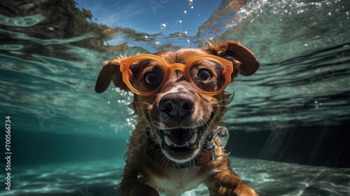 Illustration of a happy dog ​​enjoying diving in the crystal clear water of a swimming pool and taking a picture while doing so © Ivana