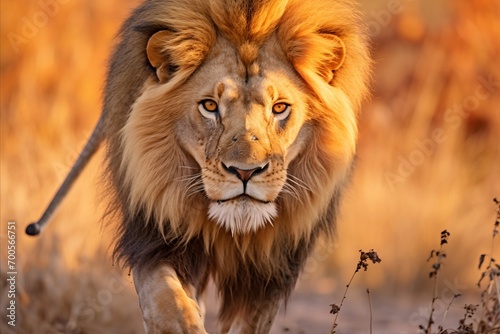 A mighty Lion roaming vast expanses of Africa in a swanna during a serene morning.