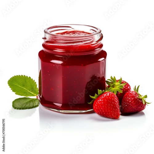 a jar of red jam next to strawberries