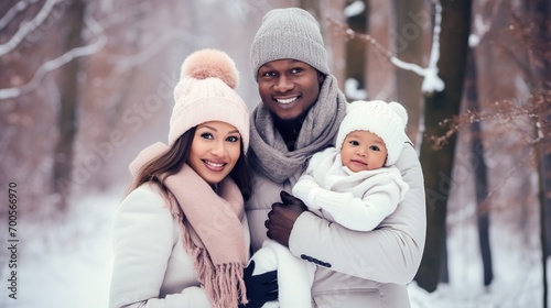 A happy African-American family comes together in the winter outdoors, capturing warmth and togetherness in a heartwarming portrait