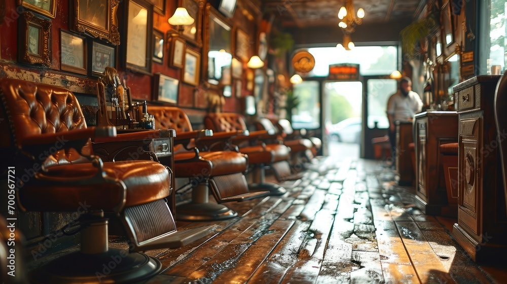 Classic vintage barbershop interior with leather chairs and wooden accents, inviting and full of character. - obrazy, fototapety, plakaty 