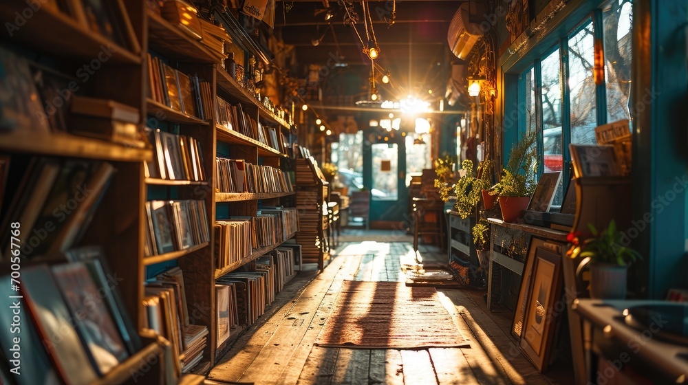 A cozy bookstore filled with shelves of books, warmed by sunlight casting a peaceful glow on the wooden floor.