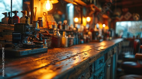 Warm and inviting vintage cafe with an espresso machine, retro bottles, and cozy wooden decor. photo