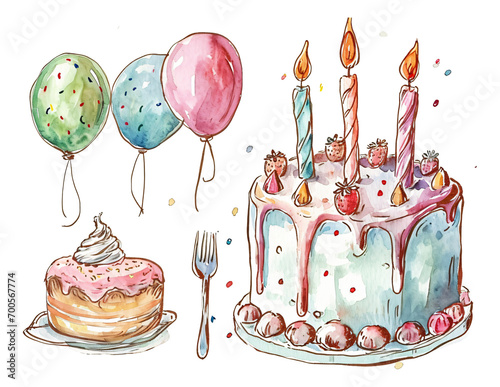 birthday cake and candles watercolor texture decorative stickers photo