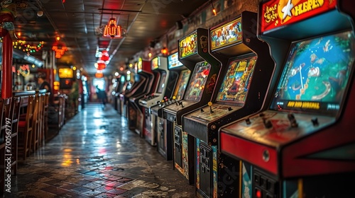 Vintage arcade hall with row of classic arcade machines and colorful neon lights, a nostalgic trip to retro gaming. photo