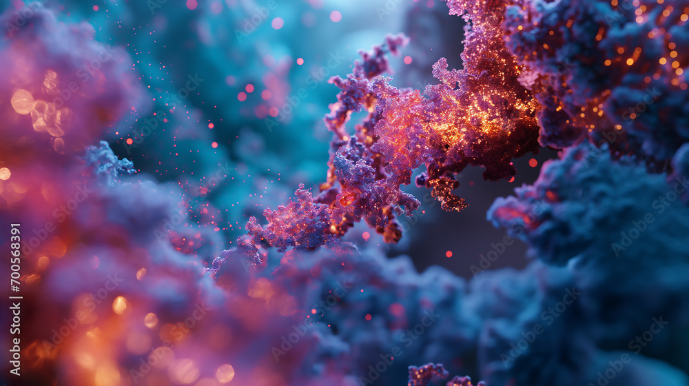 a vibrant microscopic view of malignant hematologic cells, their structure distorted and disorganized, while GFH009, represented by a glowing pathway - obrazy, fototapety, plakaty 