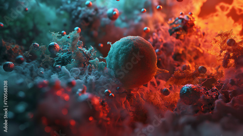 a futuristic medical synthesis of science and nature, portraying a depiction of immune system cells in varying shades of blue and green photo