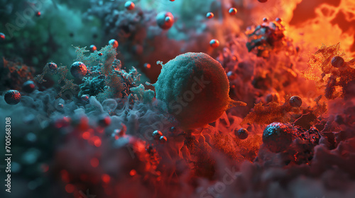 a futuristic medical synthesis of science and nature, portraying a depiction of immune system cells in varying shades of blue and green