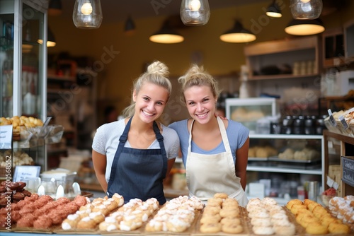 Cheerful saleswomen presenting a delectable array of freshly baked pastries at the local bakery photo