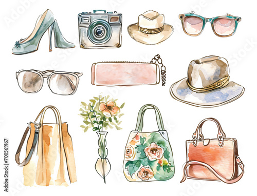 set of fashion accessories watercolor texture decorative stickers