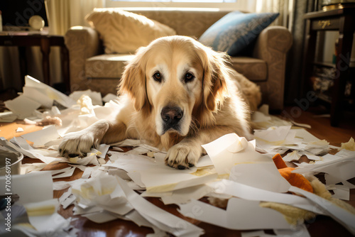 Playful Puppy Makes Mischief on Cozy Sofa, Leaving a Mess of Torn Paper and Tissues: Naughty Golden Retriever Portrait in Lovely Living Room photo