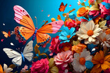 An artwork featuring butterflies and flowers on a blue background was produced by AI.