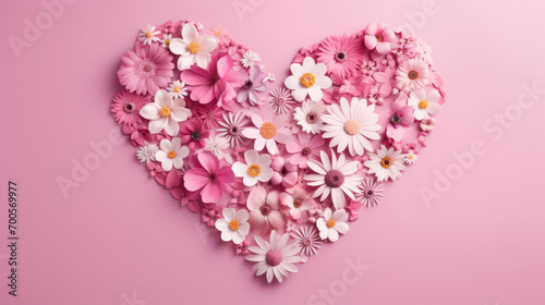 Valentine's Day background. White and pink flowers, hearts on pastel pink background. Valentines day concept. Flat lay, top view, copy space photo