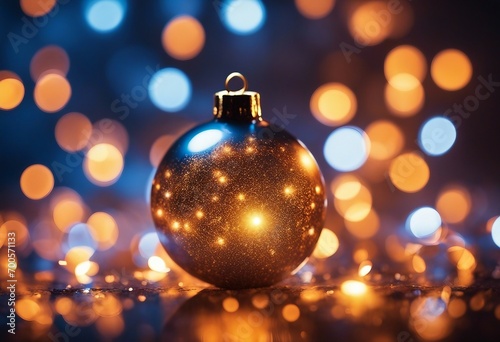 Lights and blue background of christmas bauble bokeh effect in the style of light orange and dark