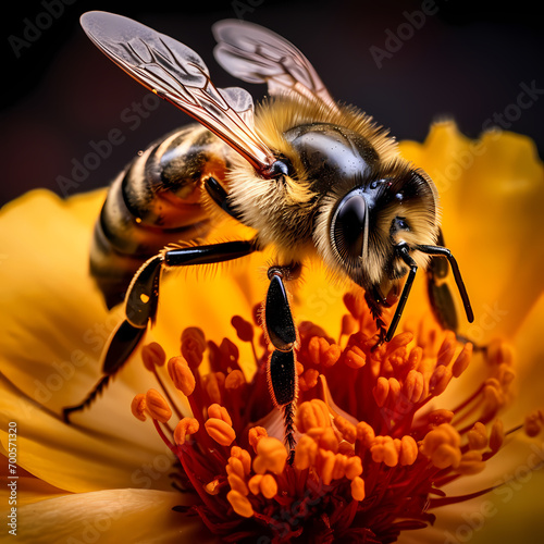 A close-up of a bee pollinating a colorful flower.