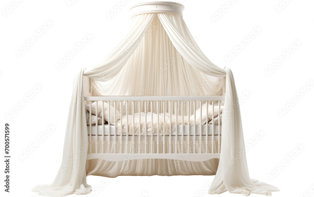 Stylish Baby Crib with Canopy and Plush Bedding on White or PNG Transparent Background Stylish Baby Crib with Canopy and Plush Bedding on White or PNG Transparent Background