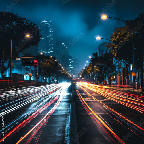 A busy city street with streaks of car lights at night.