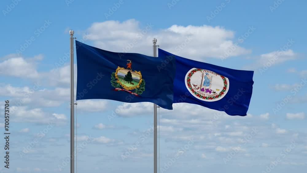 Virginia and Vermont US state flags waving together on cloudy sky, endless seamless loop Virginia and Vermont US state flags waving together on cloudy sky, endless seamless loop