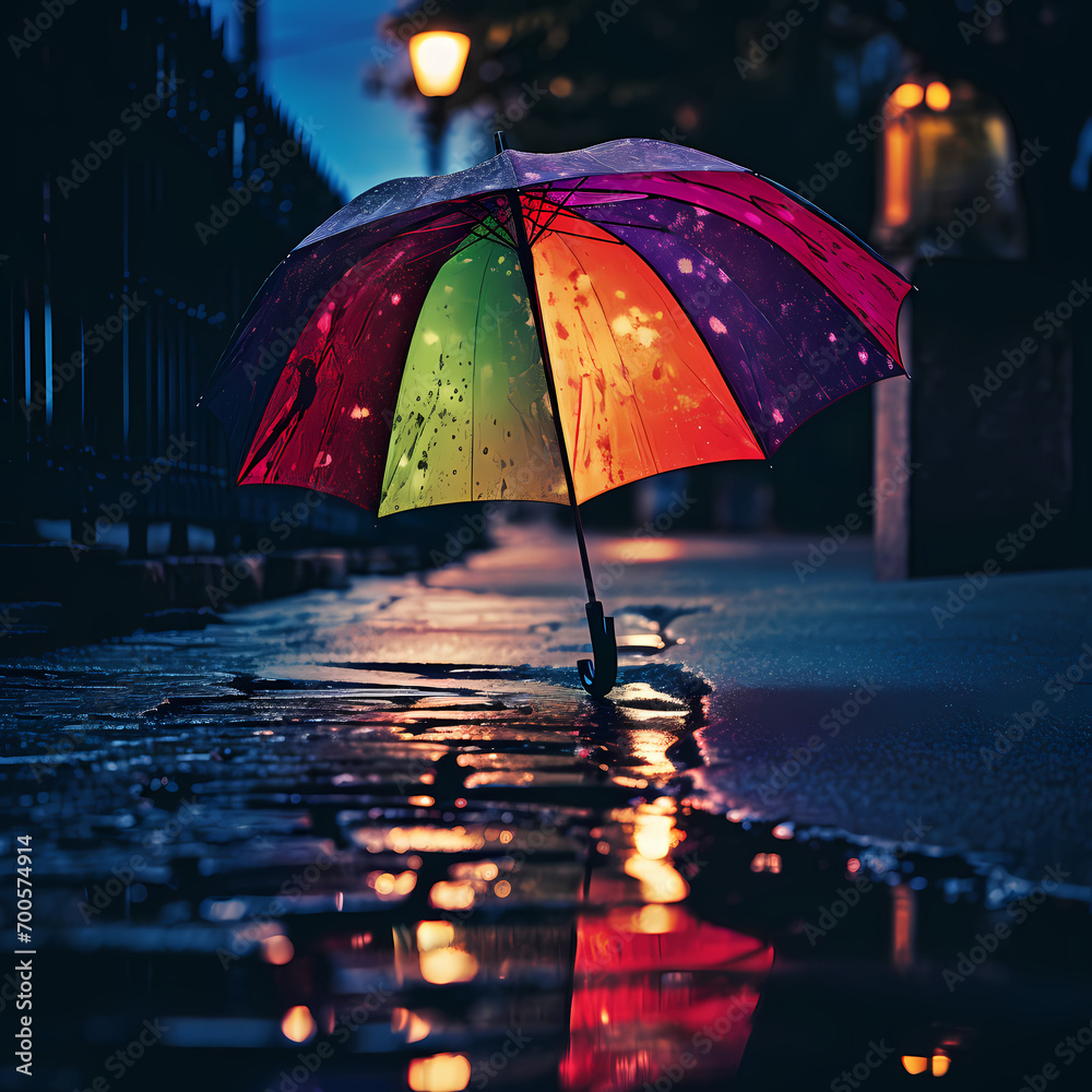 A colorful umbrella in the rain.