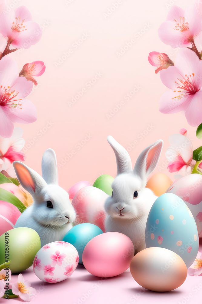Obraz premium Easter holiday concept. Happy easter greeting card with bunnys, colourful eggs and cherry blossoms.