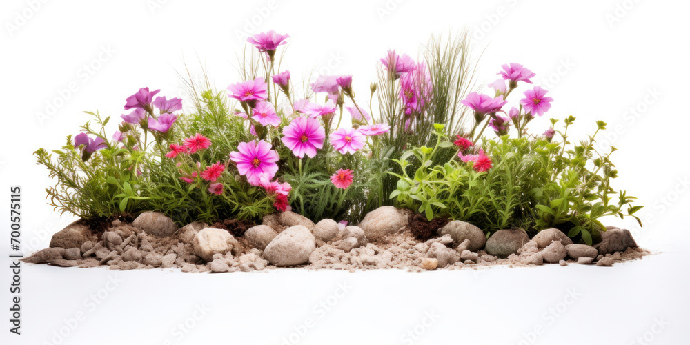 A vibrant flower bed with blooming flowers surrounded by pebbles, creating a colorful garden scene.