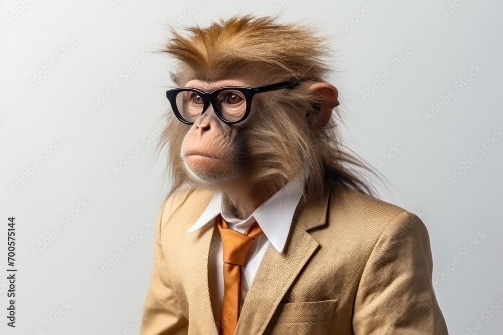 An irritated and serious monkey dressed as a boss in a suit and glasses, portraying a humorous expression.