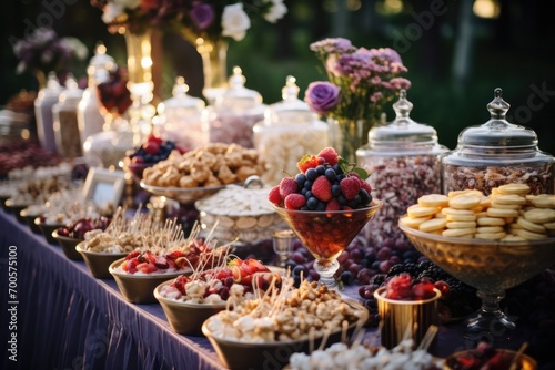 A delightful outdoor event with a lavish dessert buffet  showcasing a variety of sweet treats.
