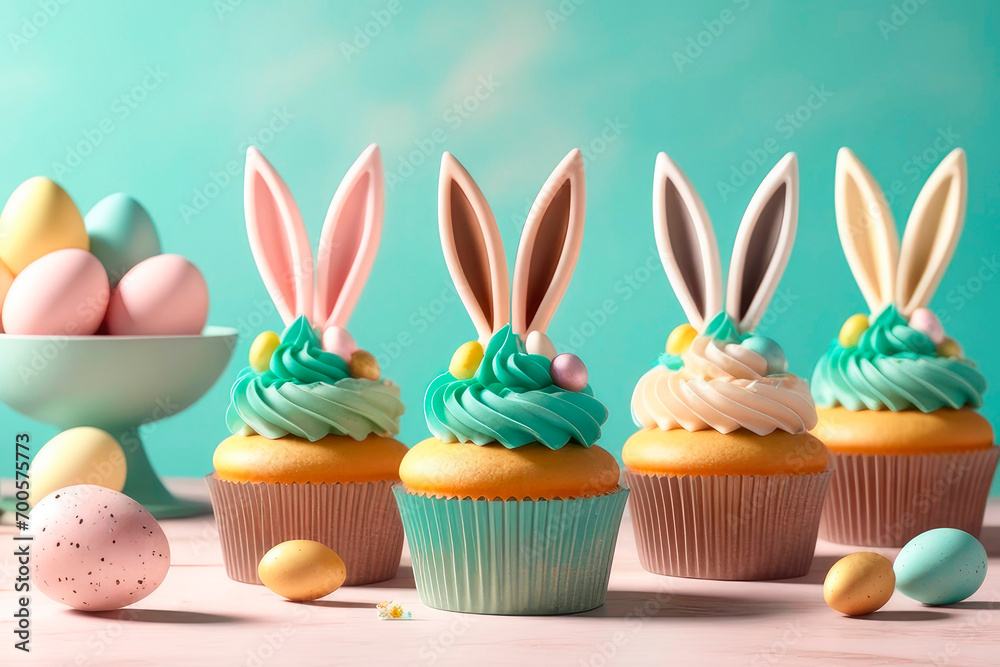 Easter concept. Cute Easter cupcakes with bunny ears and frosting.