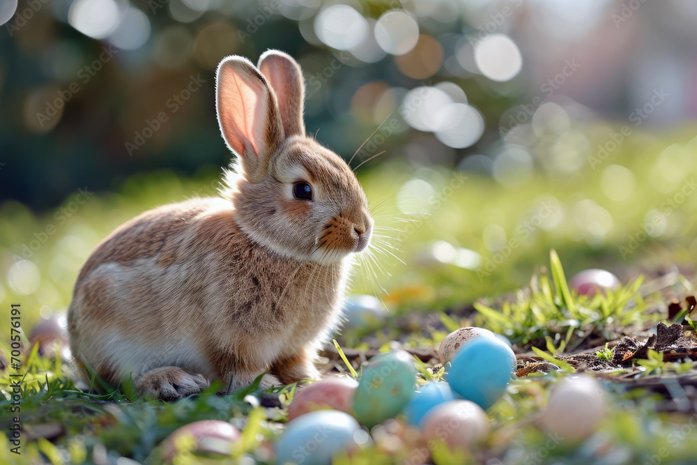 Fototapeta premium Easter Delight, Joyful Celebration with Eggs and Bunny