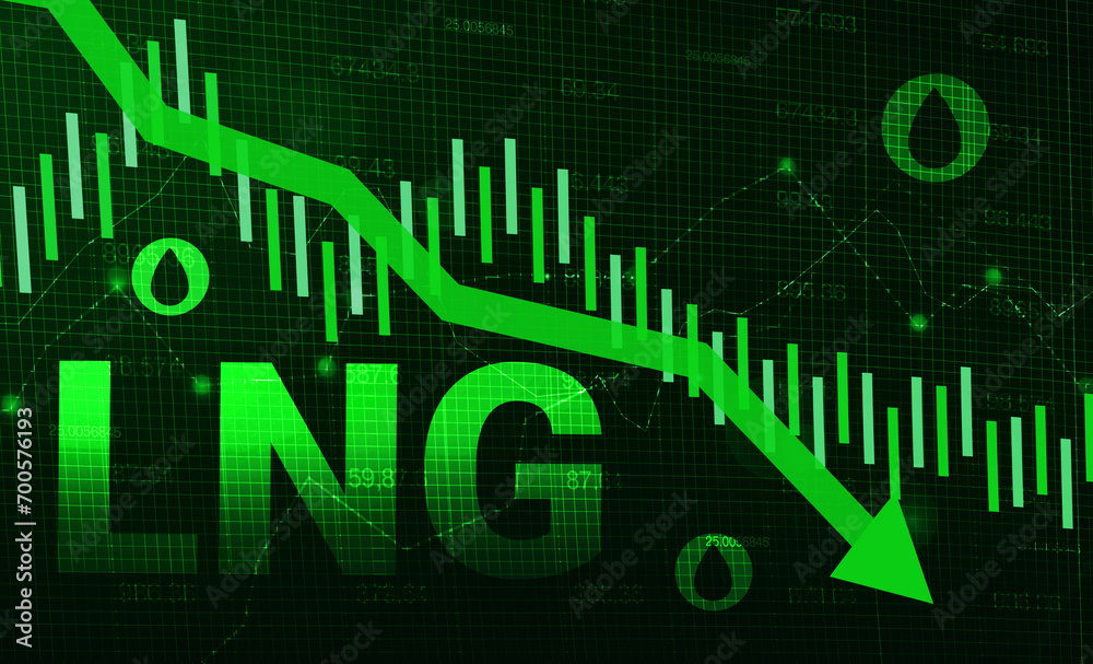 Liquified Natural Gas prices going down concept background with green arrow and typography. LNG prices backdrop with a graph design