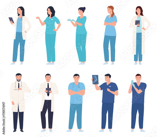 Team of doctors and nurses. Medical assistance by professional specialists. People in robes. Protection of life and health. Vector illustration