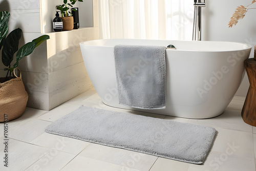 Soft light grey mat near tub in bathroom photo