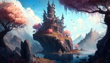 Colorful anime style fantasy landscape with gigantic structures