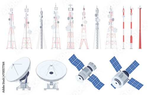 Radio towers satellite antennas. Transmission of data and information over long distances. Communication using the latest technologies. Vector illustration