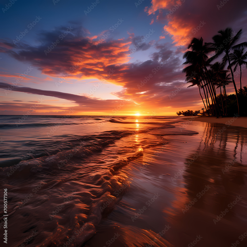A serene beach at sunset with palm trees and a colorful sky.