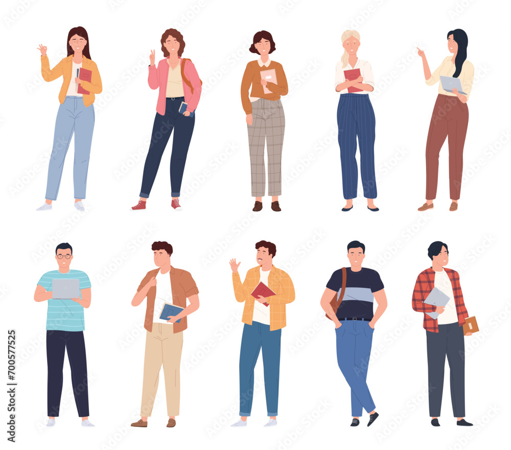 Obraz premium Students in fashionable clothes. Young people with books and backpacks go to study. The cheerful young generation acquires knowledge. Vector illustration
