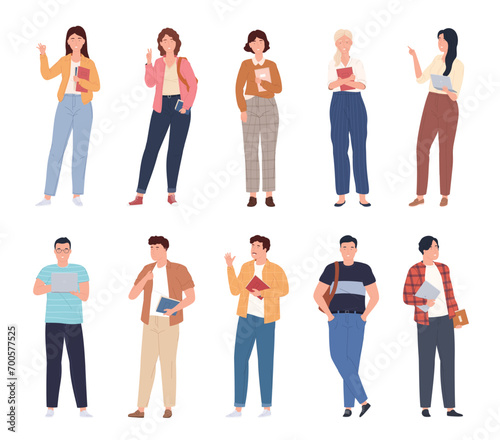 Students in fashionable clothes. Young people with books and backpacks go to study. The cheerful young generation acquires knowledge. Vector illustration