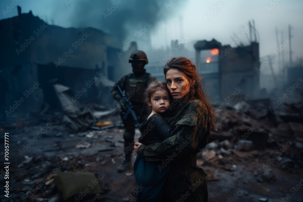 Young female soldier holding a child against the background of war Young female soldier holding a child against the background of war