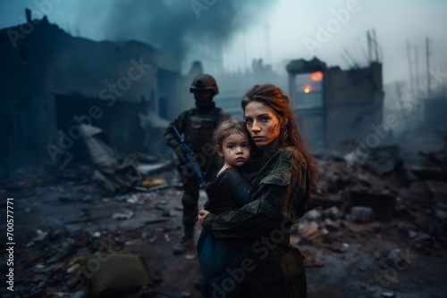 Young female soldier holding a child against the background of war