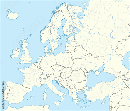 Red CMYK national map of SAN MARINO inside detailed beige blank political map of European continent with rivers and lakes on blue background using Mercator projection