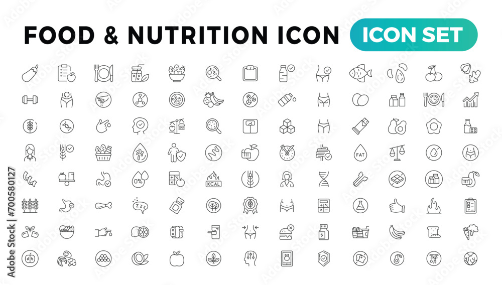Nutrition, Healthy food and Detox Diet Vector Icons. Contains such Icons as Metabolism, Caunt Calories, Palm oil free, Zero thans fat, Probiotics and more. Simple Outline icons set - obrazy, fototapety, plakaty 