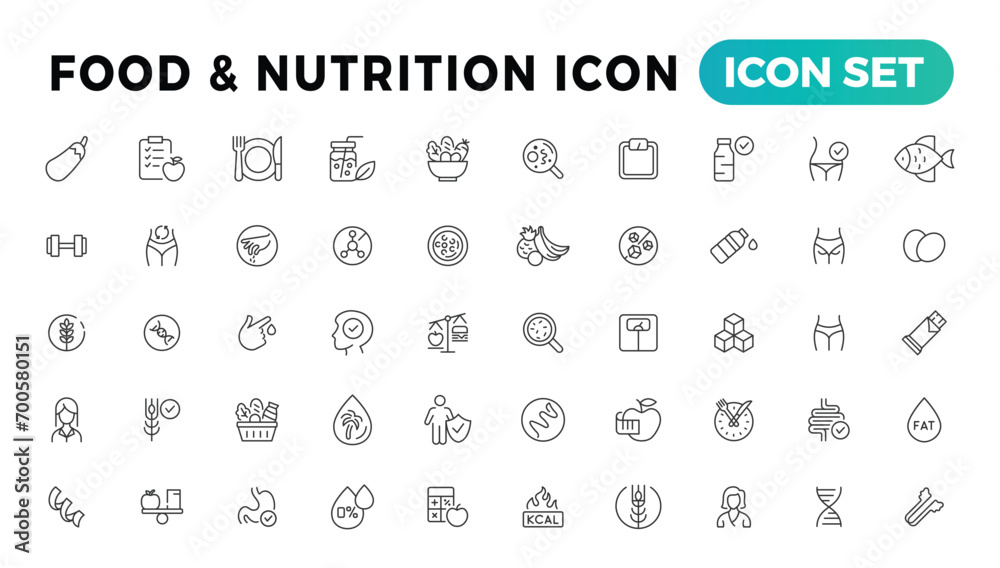 Nutrition, Healthy food and Detox Diet Vector Icons. Contains such Icons as Metabolism, Caunt Calories, Palm oil free, Zero thans fat, Probiotics and more. Simple Outline icons set