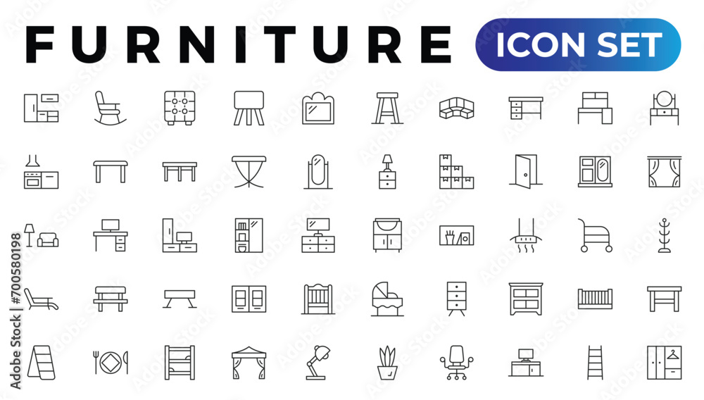 Furniture and home interior elements - thin line web icon set. Outline icons of kitchen, living room, bedroom and office collection Furniture and home interior elements - thin line web icon set. Outline icons of kitchen, living room, bedroom and office collection