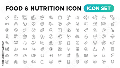 Nutrition, Healthy food and Detox Diet Vector Icons. Contains such Icons as Metabolism, Caunt Calories, Palm oil free, Zero thans fat, Probiotics and more. Simple Outline icons set photo