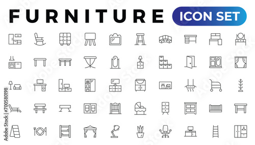 Furniture and home interior elements - thin line web icon set. Outline icons of kitchen, living room, bedroom and office collection