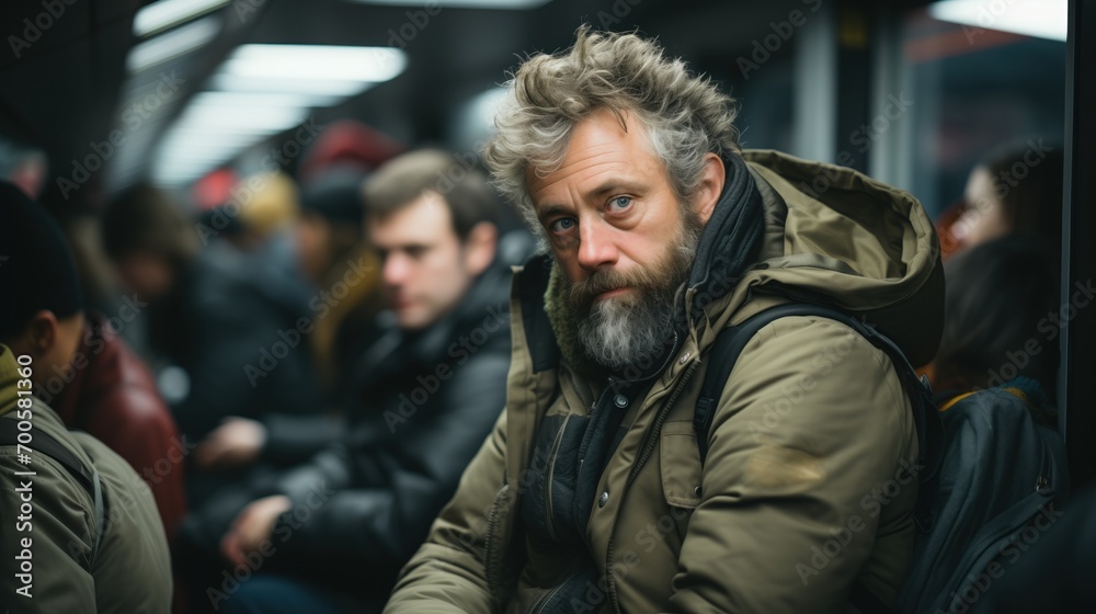 A rugged man with a tousled beard rides public transportation, his weary expression and casual winter attire resonating with commuting narratives and apparel branding.