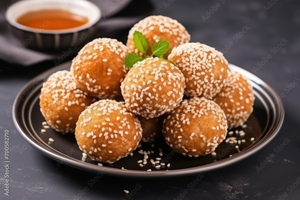 Delicious sesame balls on a plate on a light gray table, closeup Delicious sesame balls on a plate on a light gray table, closeup