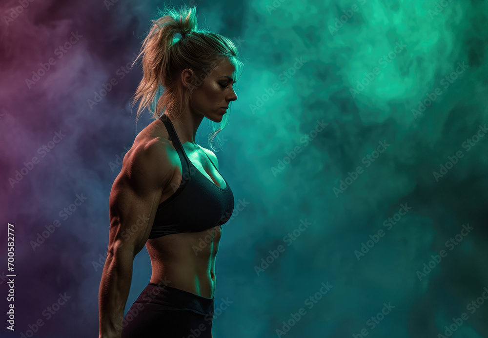 Obraz premium Athletic girl working out with barbell gym with neon lights and smoke