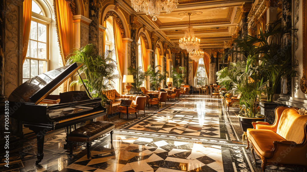 Image showcasing Elegant luxury hotel lobby with grand piano, sophisticated decor, and ...