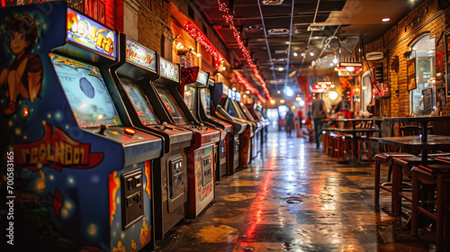Vintage arcade game machines lined up in a brick-walled room with shining neon lights reflecting on the glossy floor. photo